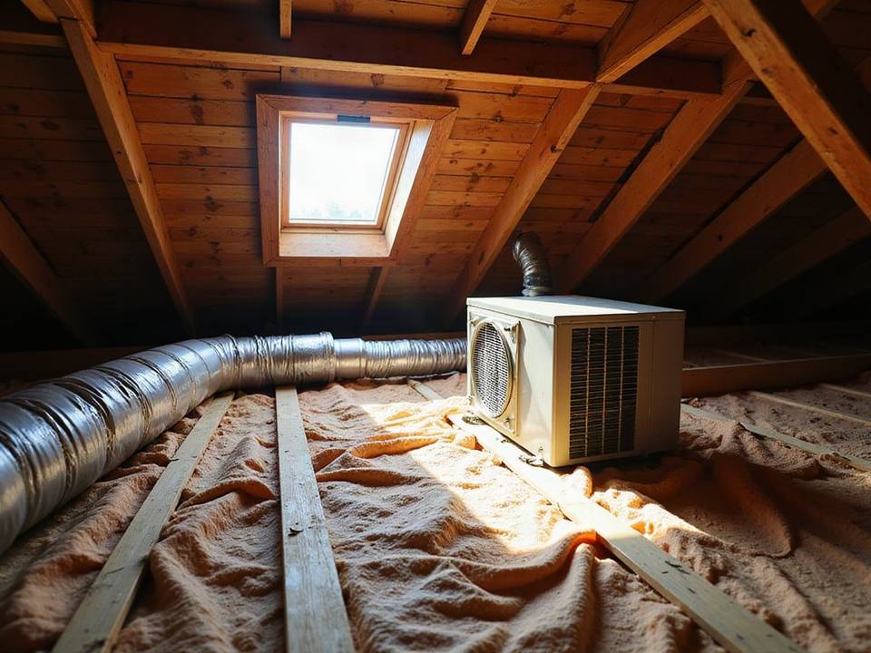 Hot Central Texas attic with ductwork and old, flattened insulation