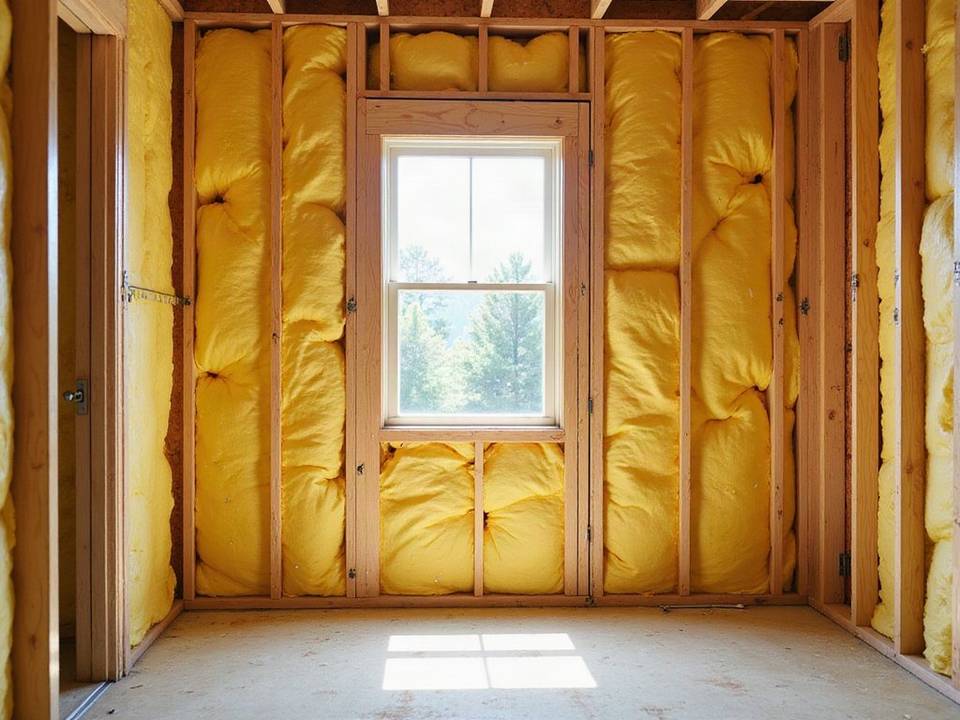 Batt insulation fitted between wall studs around a window