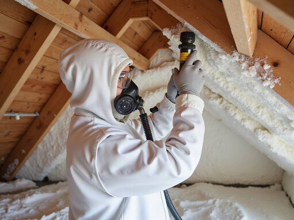 Installer spraying open cell foam insulation on an attic roof deck