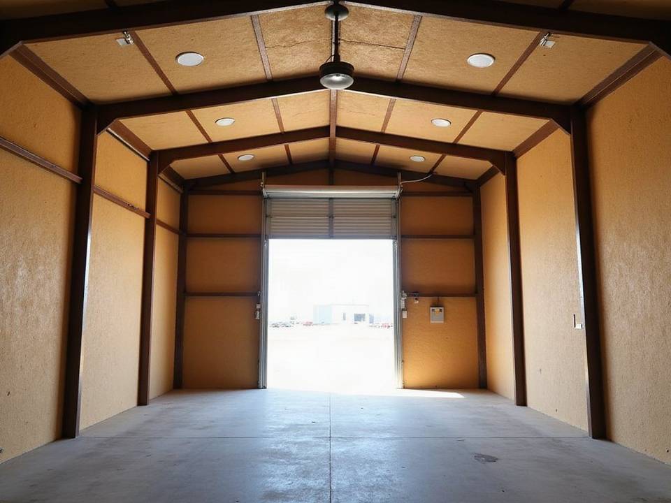 Inside an insulated metal shop building with a roll up door