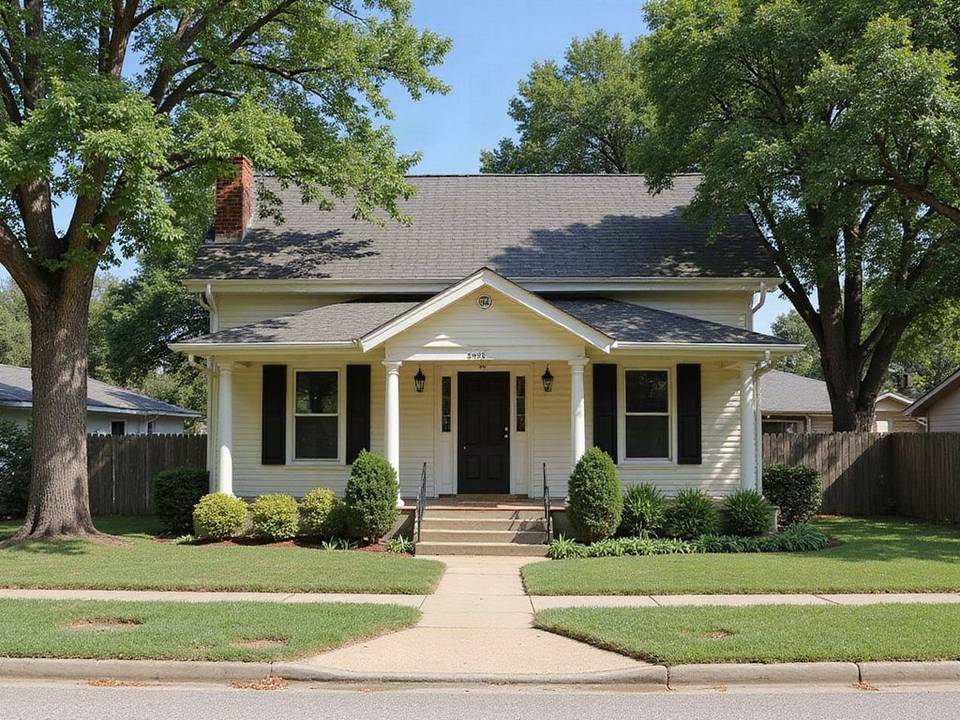 Older wood frame home with a front porch and mature trees
