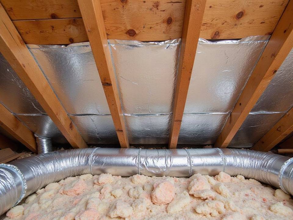 Radiant barrier foil under attic rafters above ductwork