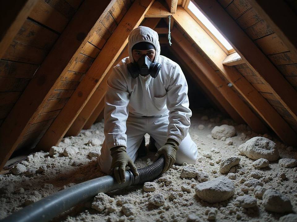 Installer in protective gear vacuuming old insulation out of an attic